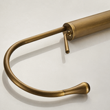Curved antique brushed brass kitchen faucet spout with a lever handle on a light surface.