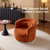 Rust-red chenille swivel barrel chair on a round fringed rug in a living room, with a curved swivel arrow beneath