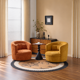 Rust-orange and mustard-yellow swivel barrel chairs side by side on a round floral rug in a warm beige living room