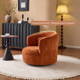Rust-orange chenille swivel barrel chair with a curved wraparound back, ringed by a gold outline in a warm living room