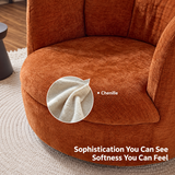 Close-up of rust-orange chenille swivel barrel chair seat with cream fabric inset