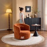 Rust-orange chenille swivel barrel chair on a fringed round rug, 360° arrow graphic beneath, warm living room