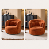 Rust-orange swivel barrel chair in two side-by-side views on a fringed cream rug