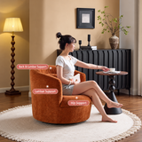 Woman seated in rust-orange chenille swivel barrel chair on fringed rug, warm living room