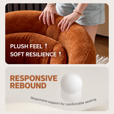 Close-up of hands pressing a rust-orange chenille barrel chair backrest, with a foam rebound inset below