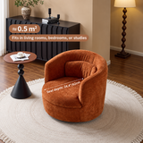 Rust-orange chenille swivel barrel chair with seat-depth callout on a fringed rug in a living room