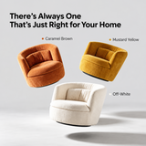 Three swivel barrel chairs in caramel brown, mustard yellow and off-white on a plain studio backdrop
