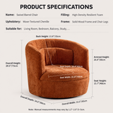 Rust-orange chenille swivel barrel chair dimension diagram with overall, seat and armrest labels
