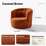 Caramel brown swivel barrel chair dimension chart with fabric, base and foam close-ups