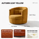Mustard-yellow swivel barrel chair dimension chart on white, 29.5"/75cm high, with texture, metal base and foam insets