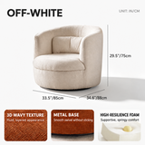 Off-white swivel barrel chair dimension diagram with dual-unit measurements and three detail insets
