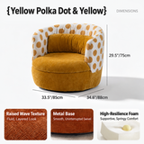 Yellow swivel barrel chair size chart with width, depth, height callouts and detail close-ups