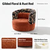 Swivel barrel chair in rust red with floral outer shell, shown in a dimension diagram with three detail insets