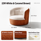Off-white and brown swivel barrel chair size chart with fabric, base and foam insets