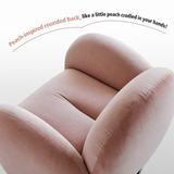 Close-up of a blush velvet barrel chair's rounded back and seat against white, with dashed lines and caption text.