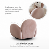 Back view of a blush pink velvet swivel barrel chair on white, with a seated armrest close-up inset.