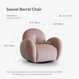 Dusty pink velvet swivel barrel chair in a white-background dimension diagram.