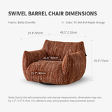 Size chart of a rust-orange ribbed swivel barrel chair on white, with labeled width, depth, seat and height measurements