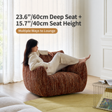 Woman lounging feet-up in a rust-brown ribbed swivel barrel chair by sheer curtains, with dual-unit seat measurements