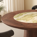 RINGCHEN Black Walnut Round Dining Table with Integrated Irish Green Stone Lazy Susan