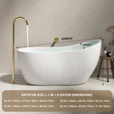 A modern white bathtub with a polished gold faucet, featuring measurement lines indicating dimensions.
