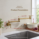 Brass pot filler faucet mounted on a wall above a sink, shown with dimension lines and measurements.