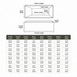 A measurement chart for furniture dimensions displayed in a table format.