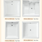 Diagrams showing different sizes of a bathroom fixture from a top-down view.