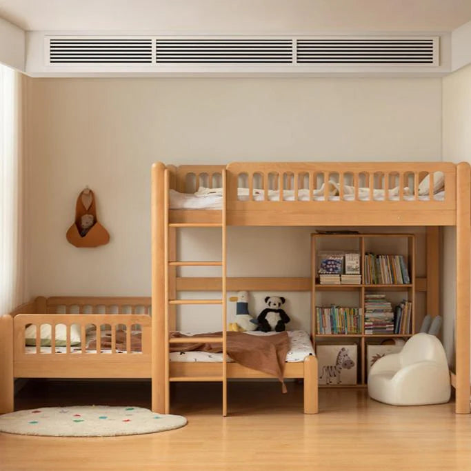 Solid beech wood children's bunk bed in a bright, modern room with a cozy reading nook and soft area rug