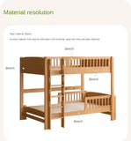 Beech solid wood children's bunk bed with a natural finish, shown in a dimension diagram highlighting materials used