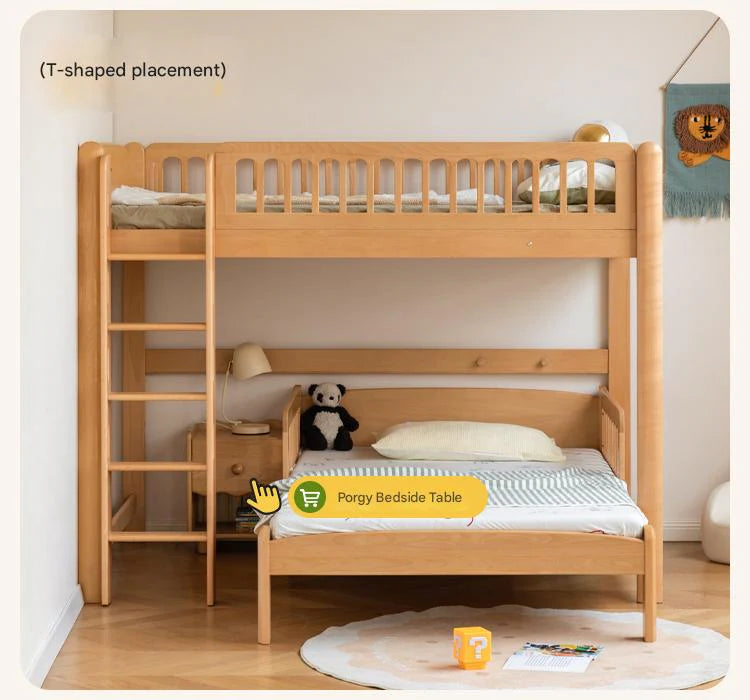 Beech solid wood children's bunk bed with a T-shaped design, set in a light room featuring a plush toy and bedside table