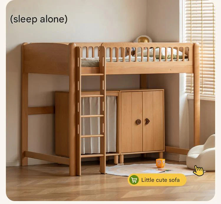 Beech solid wood children's bunk bed with a smooth finish, positioned next to a small cabinet in a cozy, sunlit room