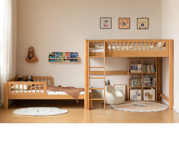 Beech solid wood children's bunk bed in a cozy room with a soft round rug, bookshelf, and playful wall art