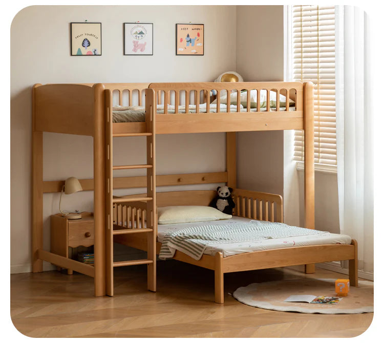 Beech solid wood children's bunk bed with rounded edges, placed in a warm room featuring soft bedding and wall art