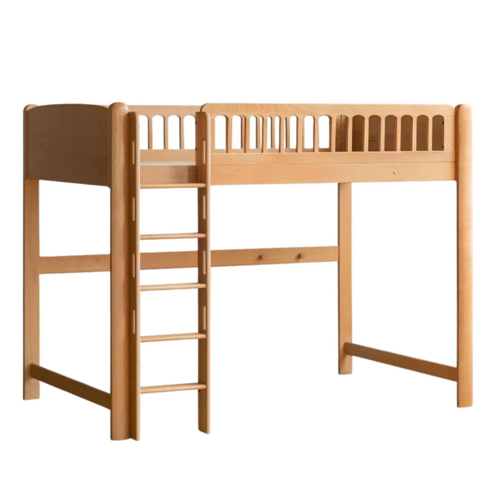 Light-colored beech solid wood children's bunk bed with a simple ladder, set against a plain white background