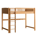 Light-colored beech solid wood children's bunk bed with a simple ladder, set against a plain white background
