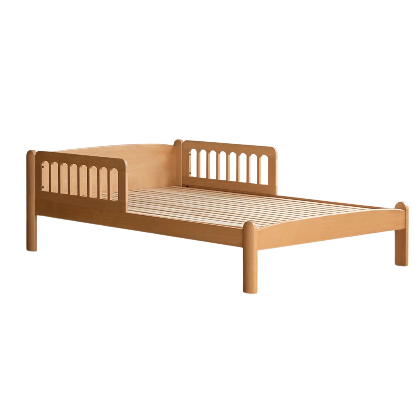 Natural beech solid wood children's bunk bed with a smooth finish, displayed in a bright, airy room with playful decor