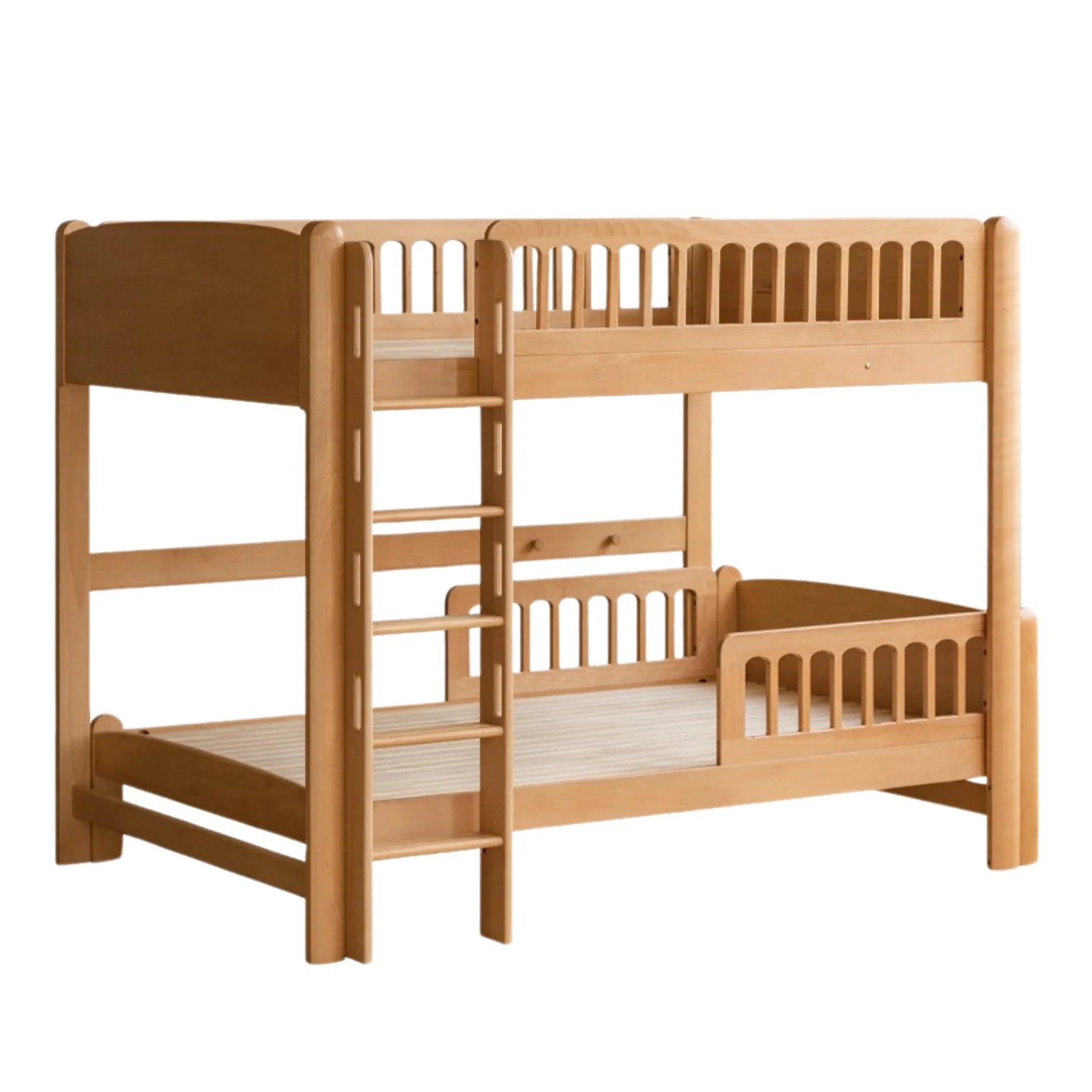 Beech solid wood children's bunk bed with a natural finish, featuring a sturdy ladder and slatted design