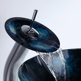 Dunkelblaues, gehärtetes Glas, rundes Waschbecken, Wasserfall-Wasserhahn-Set, Pop-Up-Abfluss inklusive
