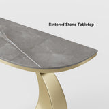 Mesa consola estrecha de 39.4" Mesa de entrada de piedra sinterizada gris con base de acero en forma de media luna