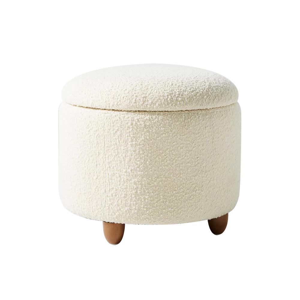 White Boucle Vanity Stool with Flip Top Storage Round Ottoman, Walnut Legs