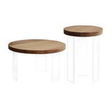 2 Piece Mid Century Modern Pine Wood & Acrylic Round Coffee Table Set in Natural