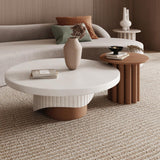 2-Piece Round Wood Coffee Table Set with Fluted Base in White & Walnut