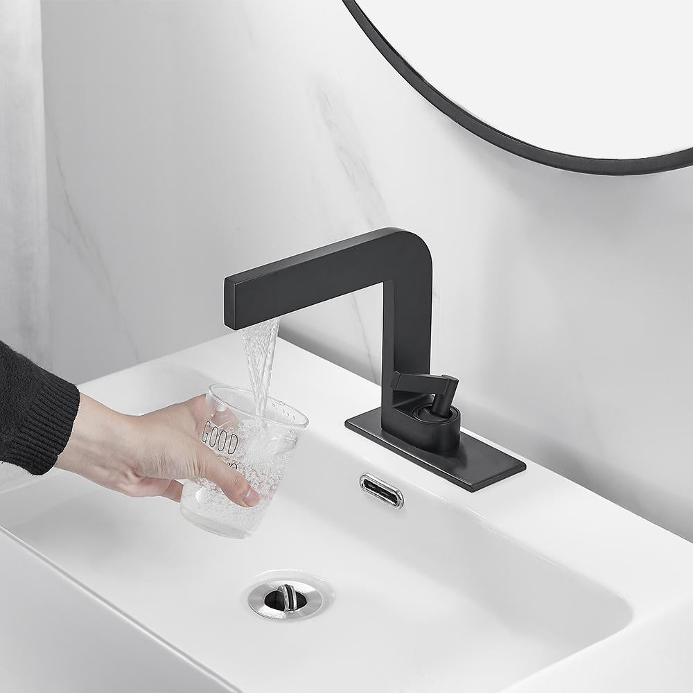 Matte Black Waterfall Single Handle Bathroom Sink Faucet Solid Brass with Escutcheon