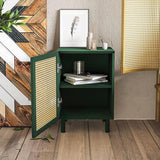 Nordic Black Nightstand Rattan Woven Bedside Table with 1 Door &1 Shelf