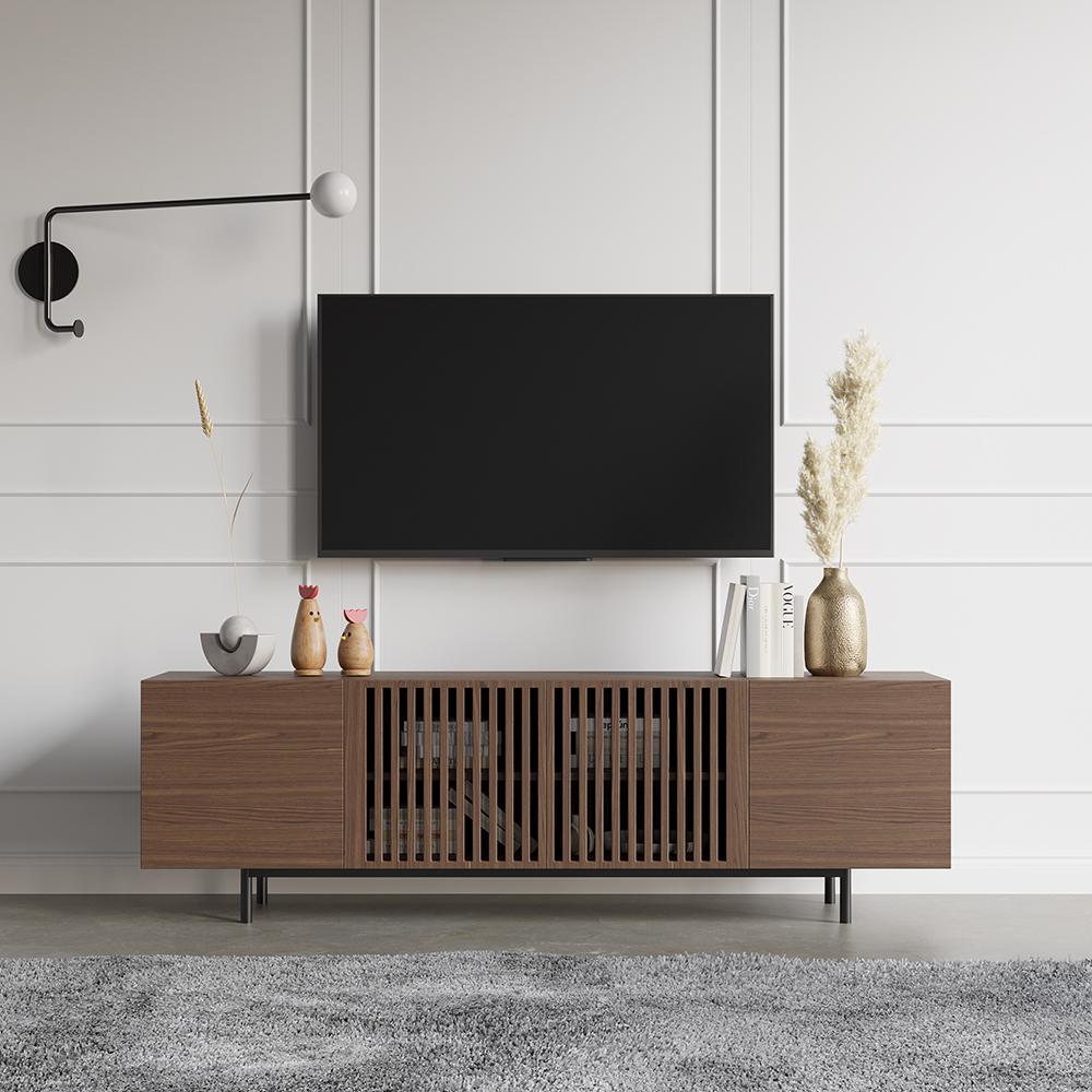 Minimalist Slatted Media Console Wood TV Stand in Walnut with Shelves for TVs Up to 80"