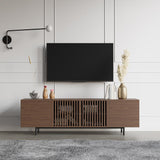 Minimalistischer Lattenrost-TV-Ständer aus Holz in Walnuss mit Regalen für Fernseher bis 80 Zoll