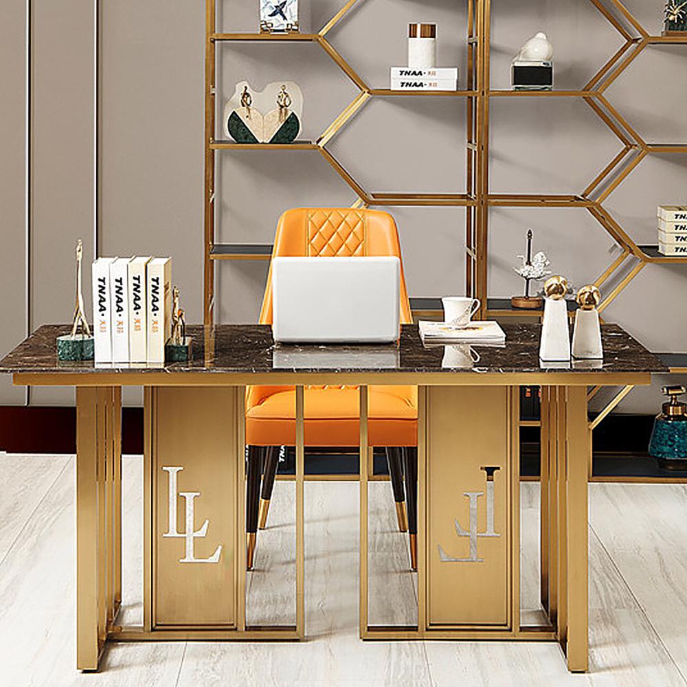Modern Writing Desk with Marble Top & Metal Base Office Desk