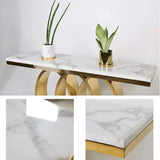 Mesa consola blanca estrecha y moderna de 47.2" con cubierta de mármol sintético y base de acero inoxidable