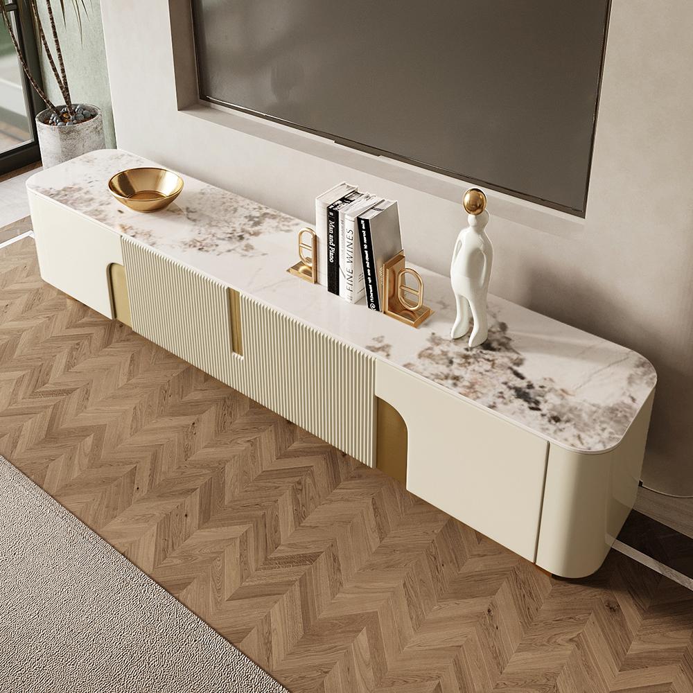 Modern Beige TV Stand Sintered Stone 4 Doors with Storage Media Console for TV up to 85"